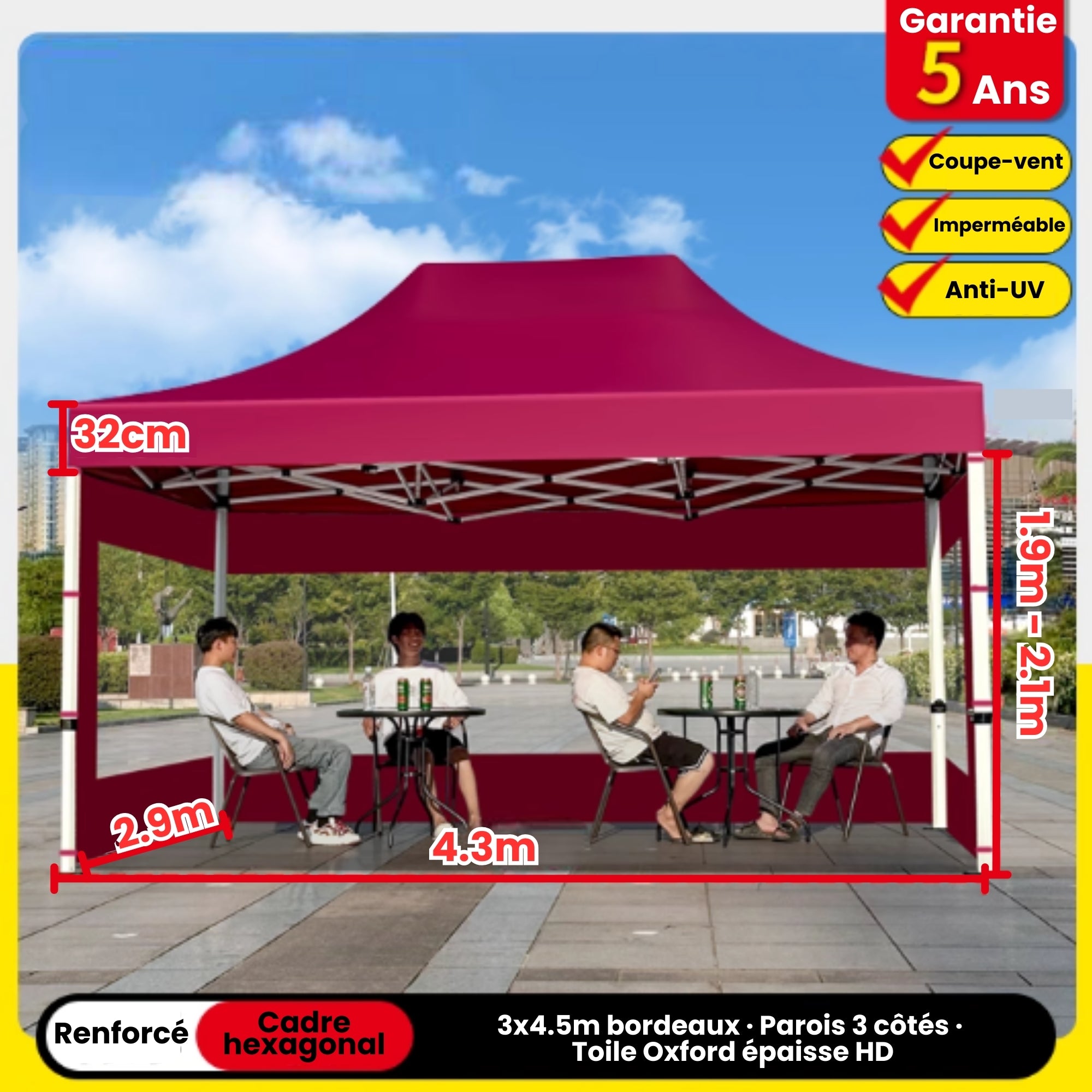 Barnum 3x4,5m bordeaux avec parois
