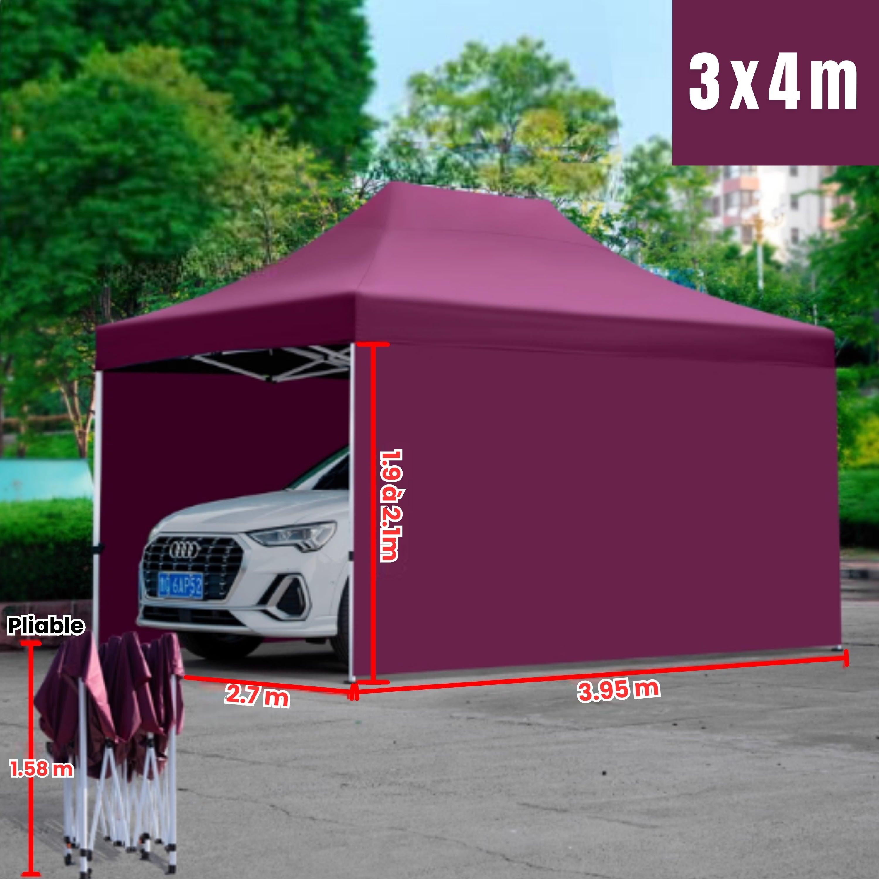 Barnum voiture avec parois 3x4m bordeaux
