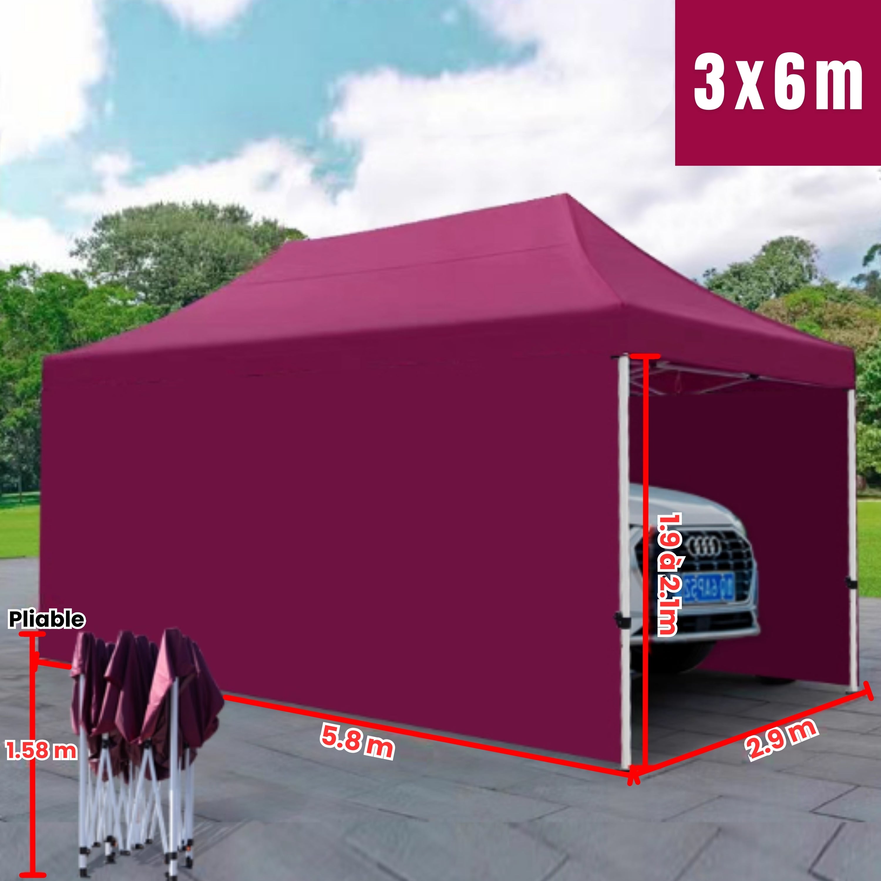 Barnum pour voiture avec parois 3x6m bordeaux